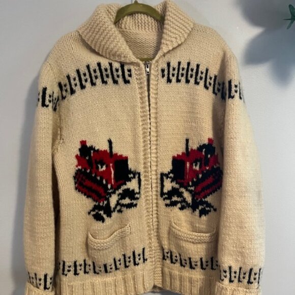 Cowichan Curling style Vintage 1960's Wool Sweater, Bulldozer - Picture 1 of 16